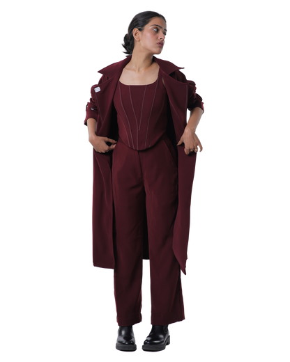 Trench Coat With Knotty Corset Paired Up With High Waisted Pants - Merlot