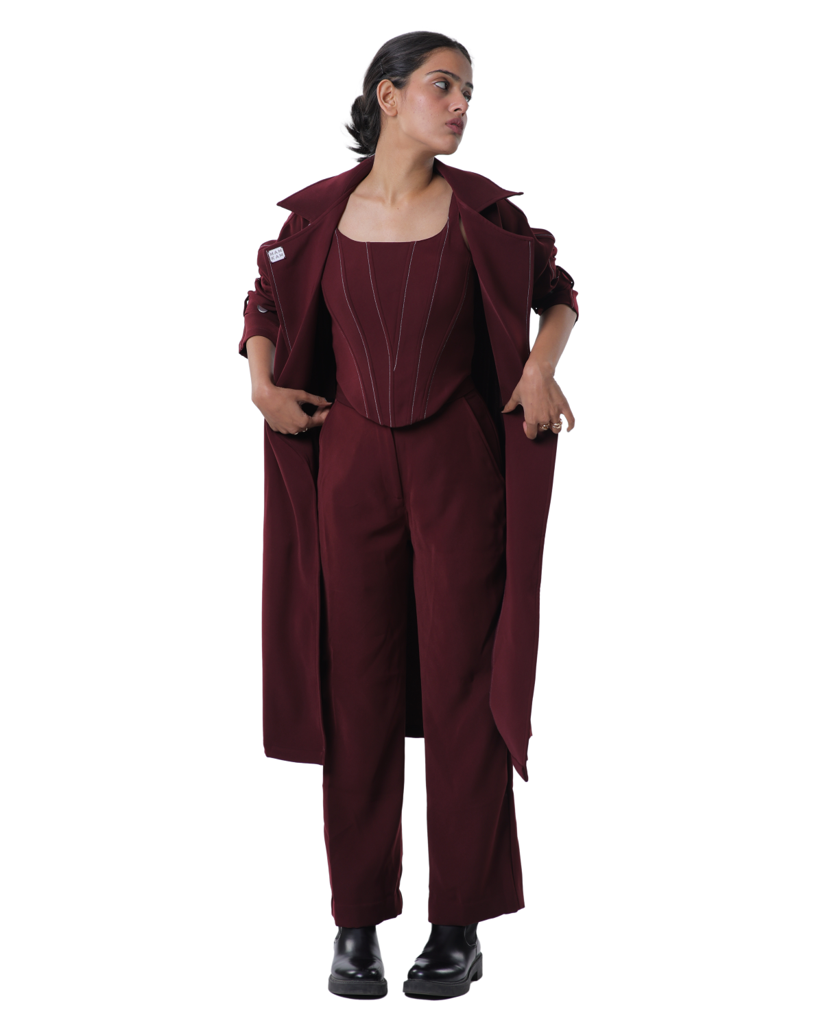 Trench Coat With Knotty Corset Paired Up With High Waisted Pants - Merlot