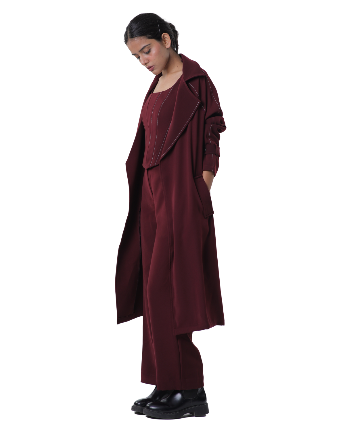 Trench Coat With Knotty Corset Paired Up With High Waisted Pants - Merlot