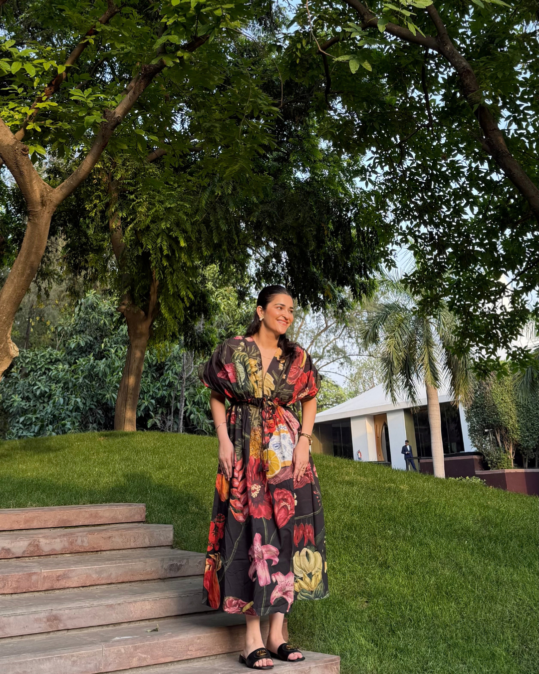 NIRVANA DRESS IN SOL GARDEN PRINT (MIDNIGHT BLACK)