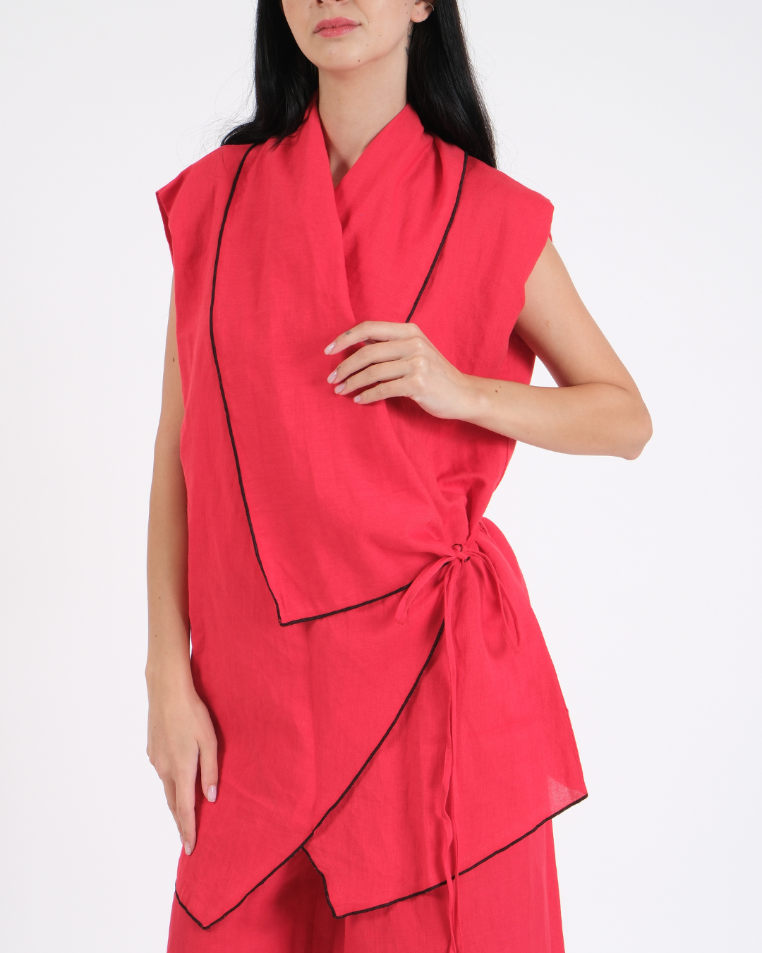 CHILI FLAKE RED FRENCH WRAP LINEN COORD SET
