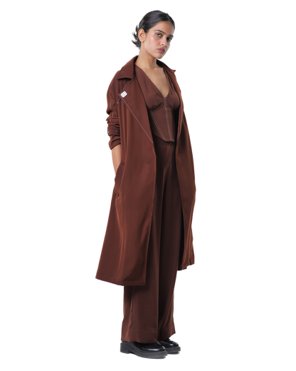 Trench Coat With Affair Corset Paired Up With High Waisted Pants - Brown