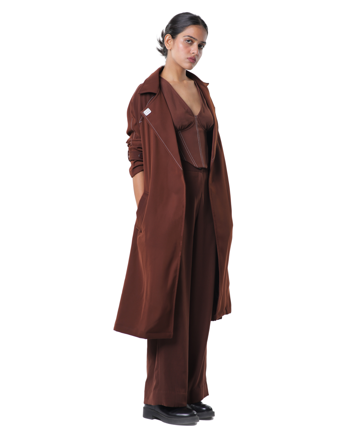 Trench Coat With Affair Corset Paired Up With High Waisted Pants - Brown