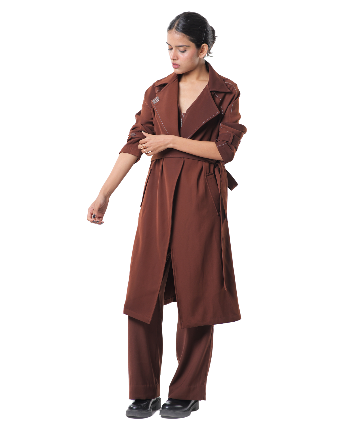 Trench Coat With Affair Corset Paired Up With High Waisted Pants - Brown