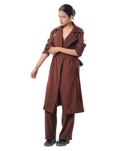 Trench Coat With Affair Corset Paired Up With High Waisted Pants - Brown