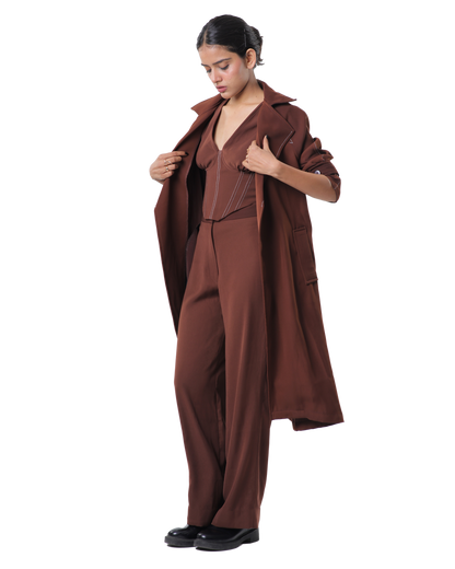 Trench Coat With Affair Corset Paired Up With High Waisted Pants - Brown