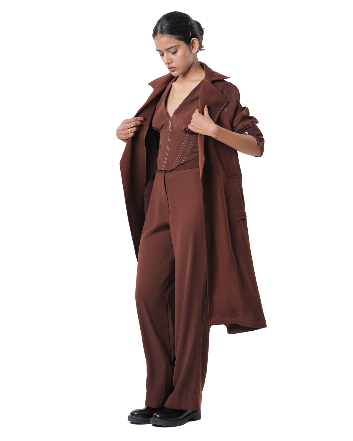 Trench Coat With Affair Corset Paired Up With High Waisted Pants - Brown