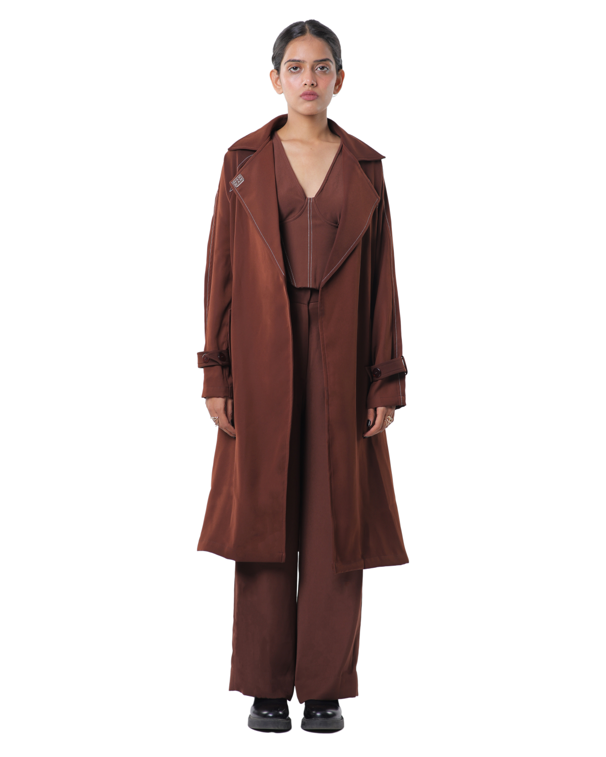 Trench Coat With Affair Corset Paired Up With High Waisted Pants - Brown