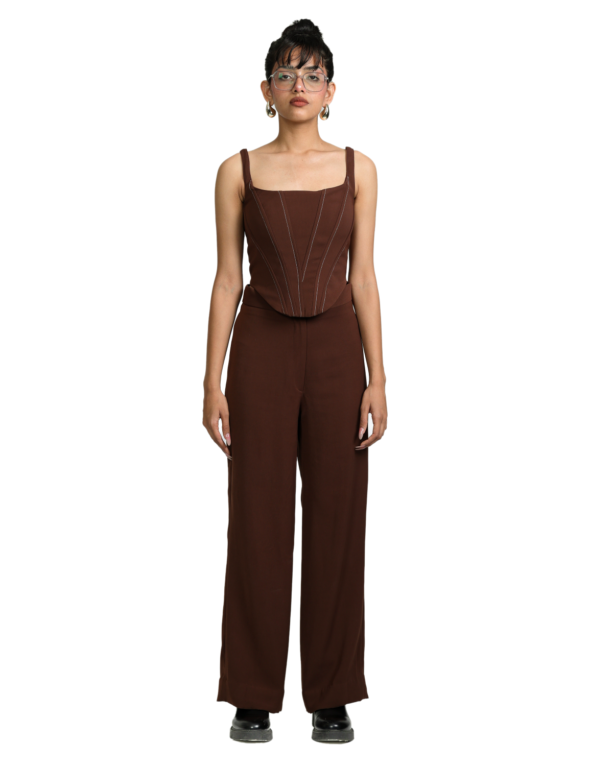 Knotty Corset With High Waisted Pants - Brown