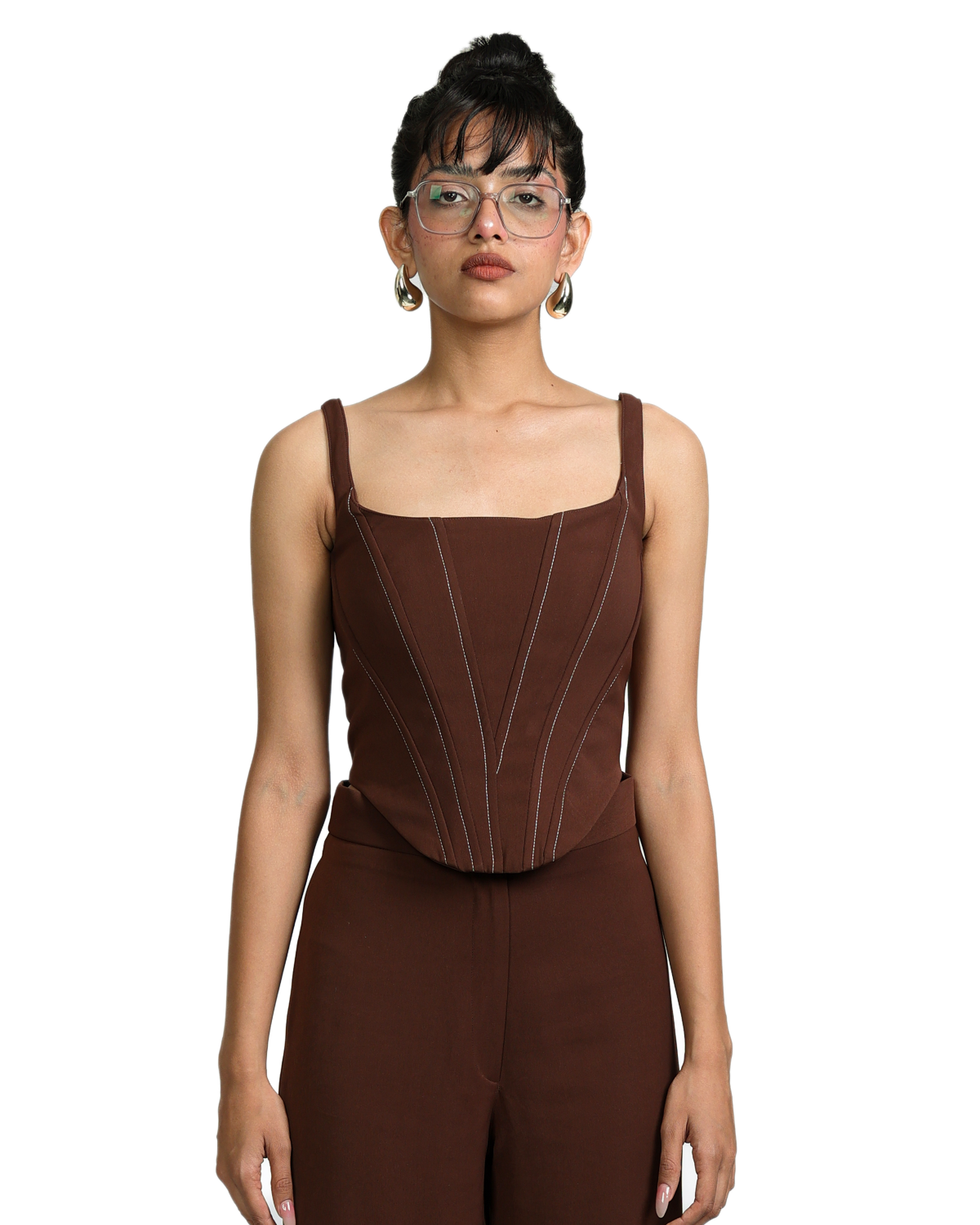 Trench Coat With Knotty Corset Paired Up With High Waisted Pants - Brown