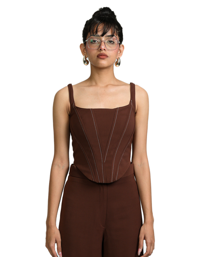 Trench Coat With Knotty Corset Paired Up With High Waisted Pants - Brown