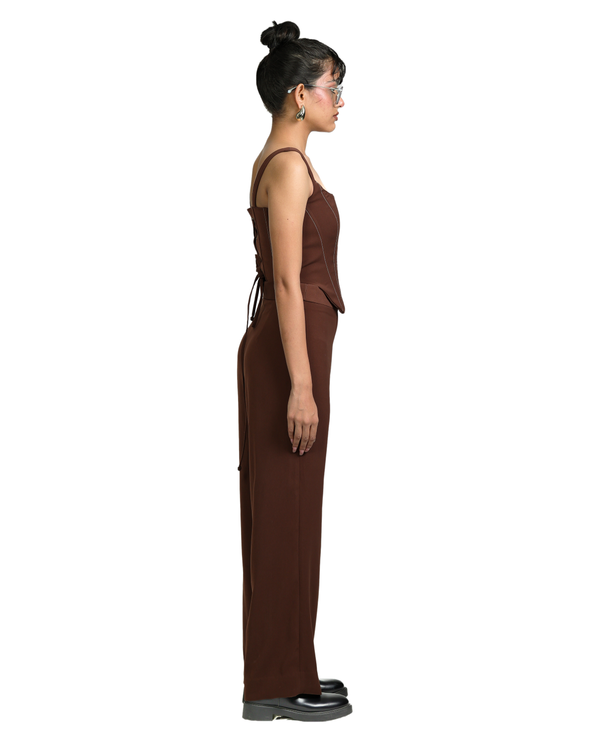 Trench Coat With Knotty Corset Paired Up With High Waisted Pants - Brown