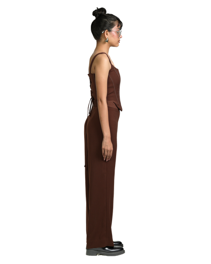 Trench Coat With Knotty Corset Paired Up With High Waisted Pants - Brown
