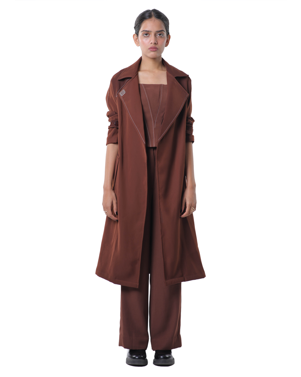 Trench Coat With Knotty Corset Paired Up With High Waisted Pants - Brown