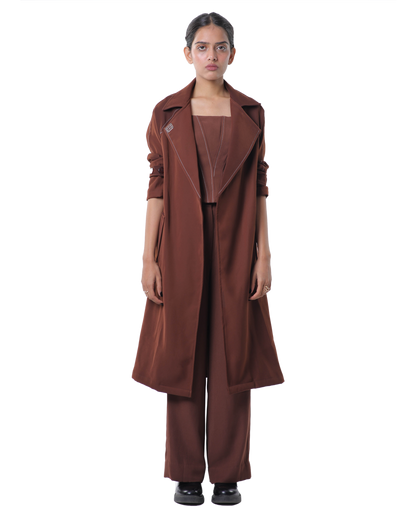 Trench Coat With Knotty Corset Paired Up With High Waisted Pants - Brown