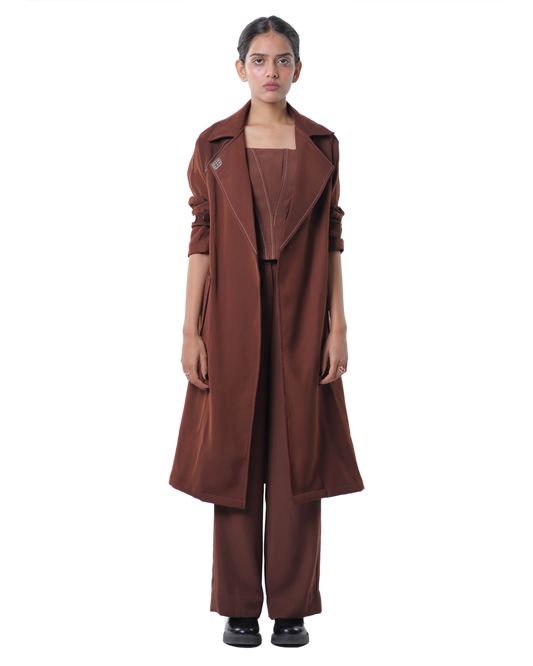 Trench Coat With Knotty Corset Paired Up With High Waisted Pants - Brown