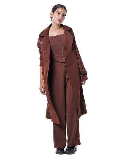 Trench Coat With Knotty Corset Paired Up With High Waisted Pants - Brown