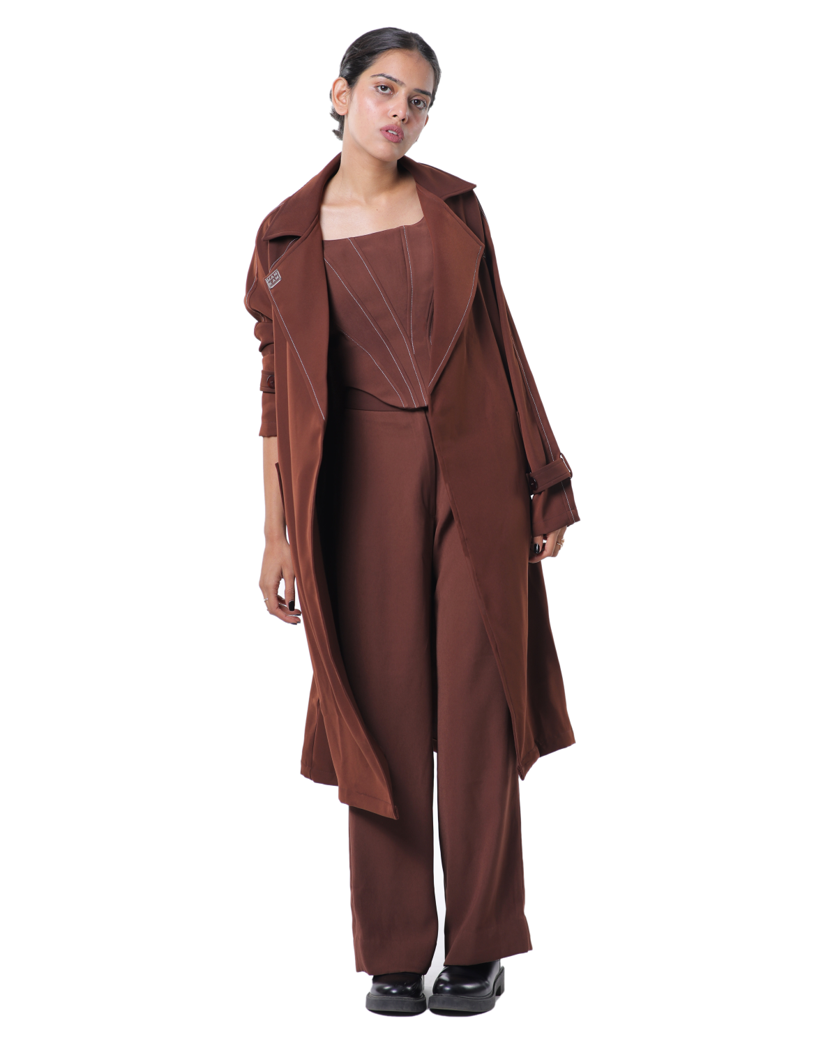 Trench Coat With Knotty Corset Paired Up With High Waisted Pants - Brown