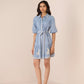 Woman wearing a light blue dress with a belt on a beige background Calling June