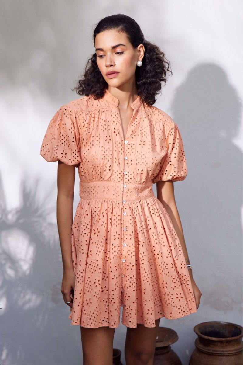 Marah Schiffli Peach Mini Dress - Calling June India