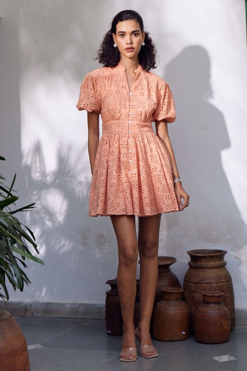 Marah Schiffli Peach Mini Dress - Calling June India