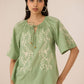 Woman wearing a green embroidered blouse with light blue jeans against a beige background Calling June
