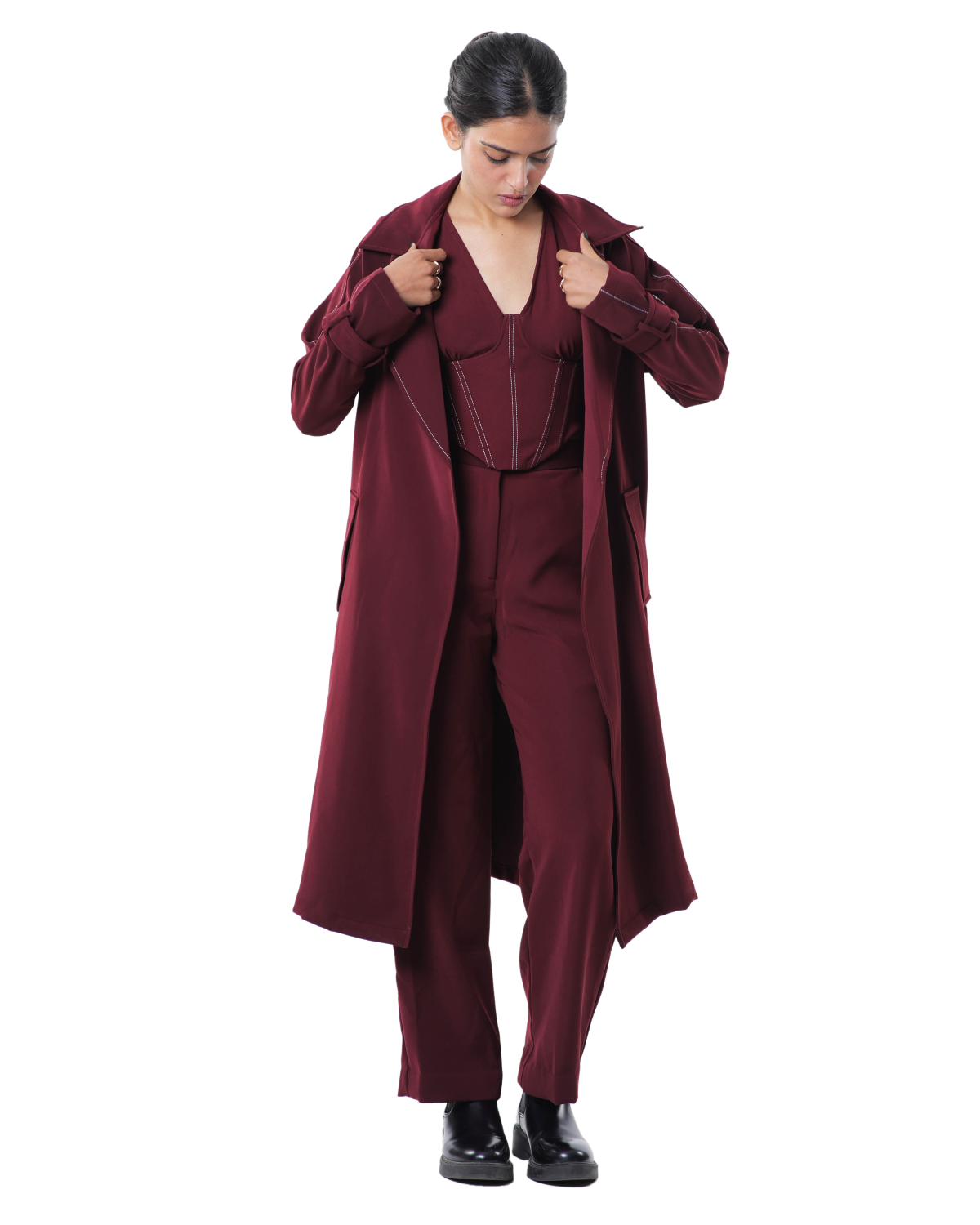 Trench Coat With Affair Corset Paired Up With High Waisted Pants - Merlot