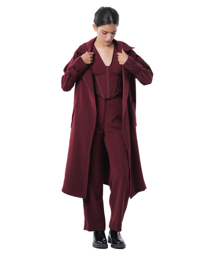 Trench Coat With Affair Corset Paired Up With High Waisted Pants - Merlot
