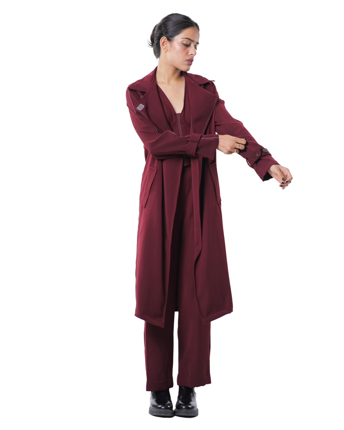 Trench Coat With Affair Corset Paired Up With High Waisted Pants - Merlot