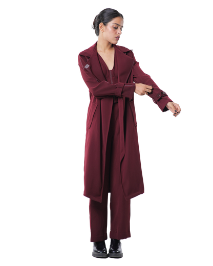 Trench Coat With Affair Corset Paired Up With High Waisted Pants - Merlot