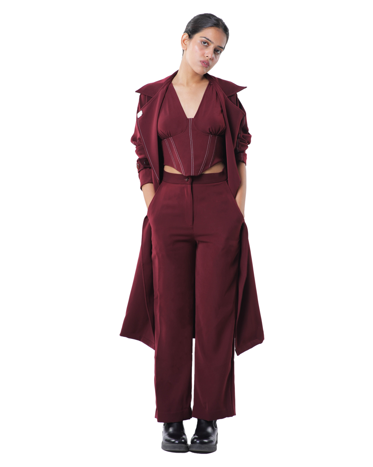 Trench Coat With Affair Corset Paired Up With High Waisted Pants - Merlot
