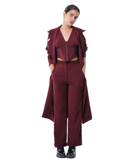 Trench Coat With Affair Corset Paired Up With High Waisted Pants - Merlot