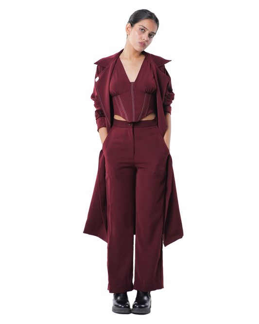 Trench Coat With Affair Corset Paired Up With High Waisted Pants - Merlot