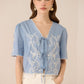 Woman wearing a light blue blouse with lace details on a beige background Calling June