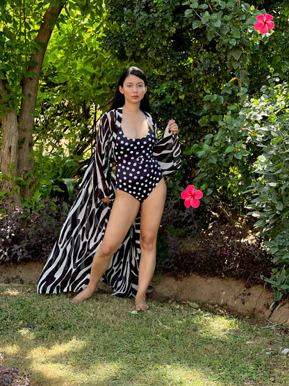 One-Piece Swimsuit with Removable Belt- Noir Dot