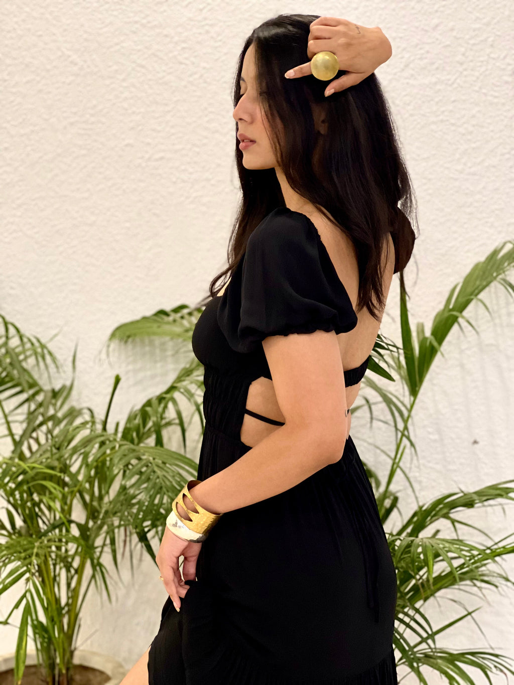 Backless Dress with Front Slit - Black