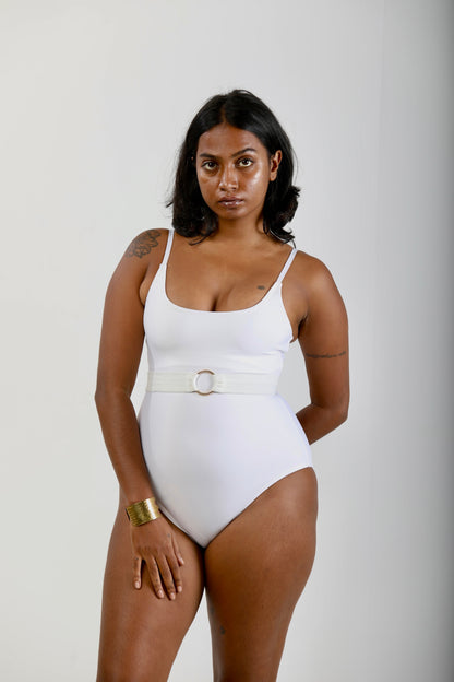 One-Piece Swimsuit with Removable Belt- White