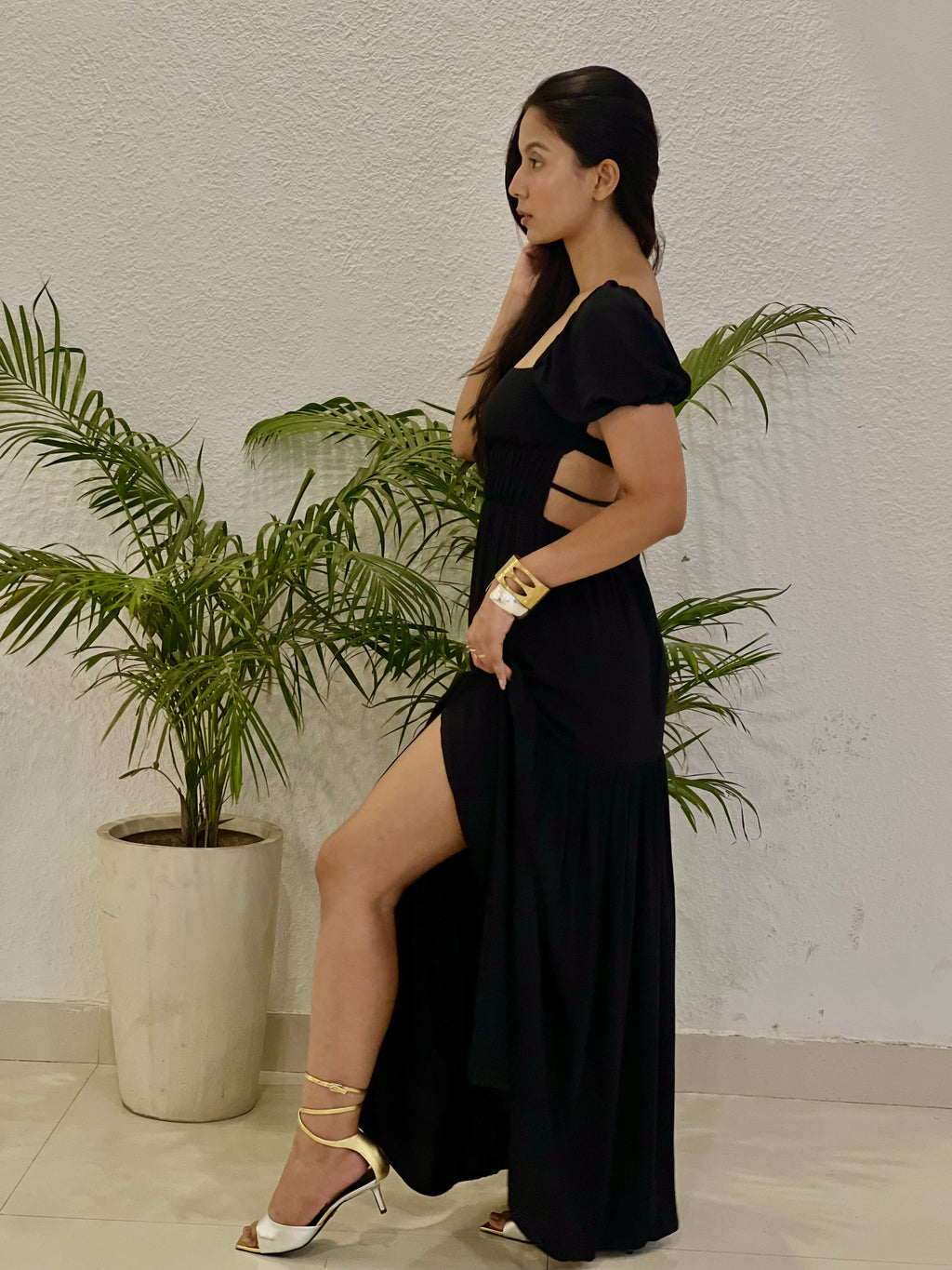 Backless Dress with Front Slit - Black