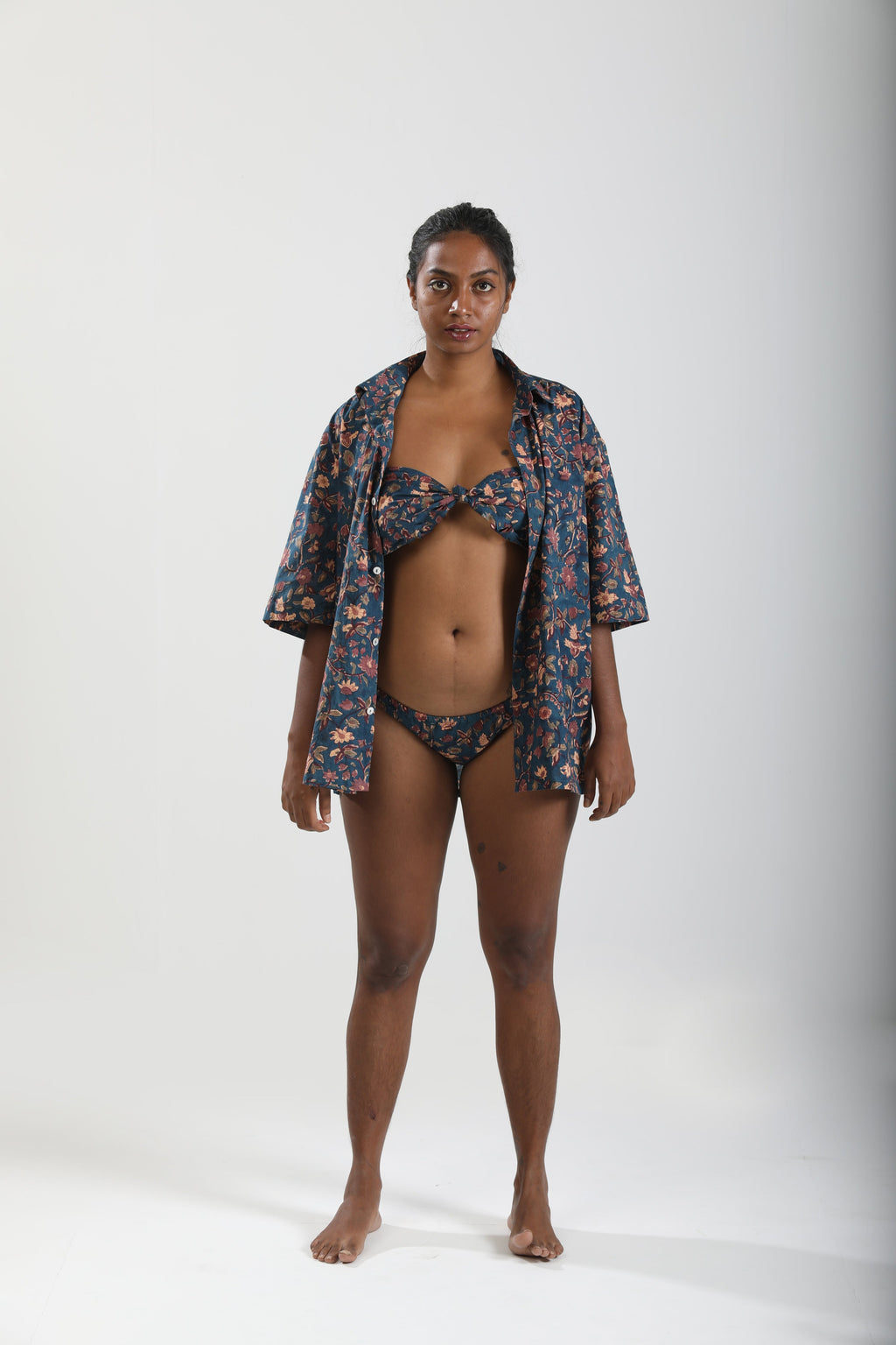 Sunbathing Hand Block Printed Cotton Bandeau Bikini Set - Moss