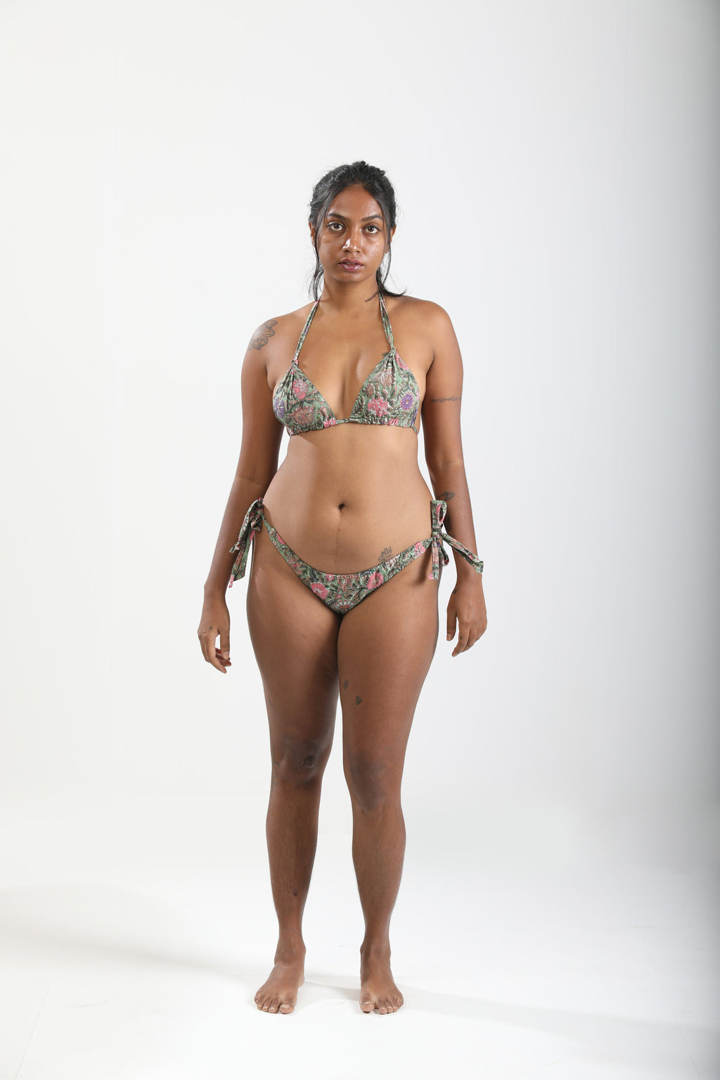 Sunbathing Hand Block Printed Cotton String Bikini Set - Mughal Vines