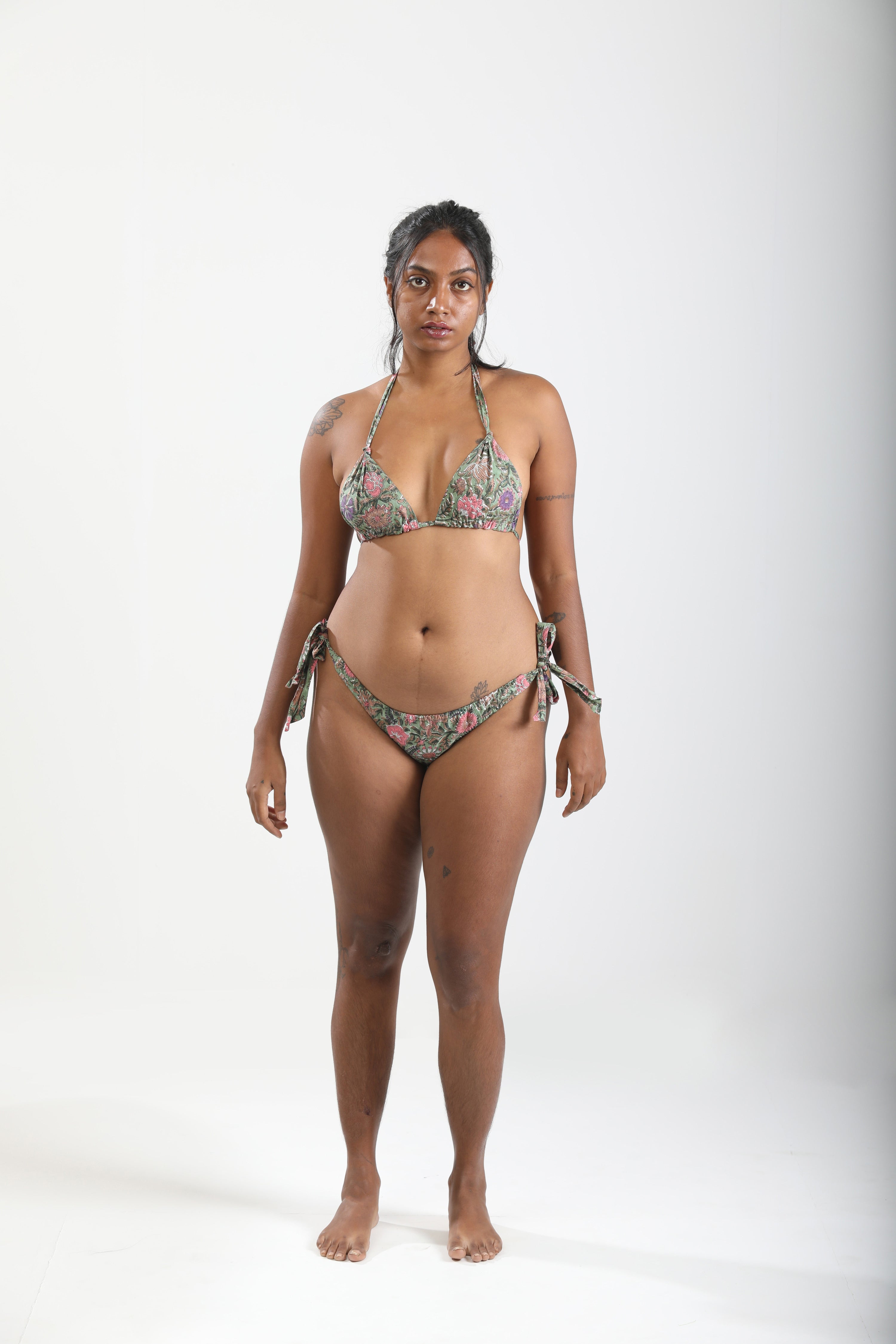 Sunbathing Hand Block Printed Cotton String Bikini Set - Mughal Vines