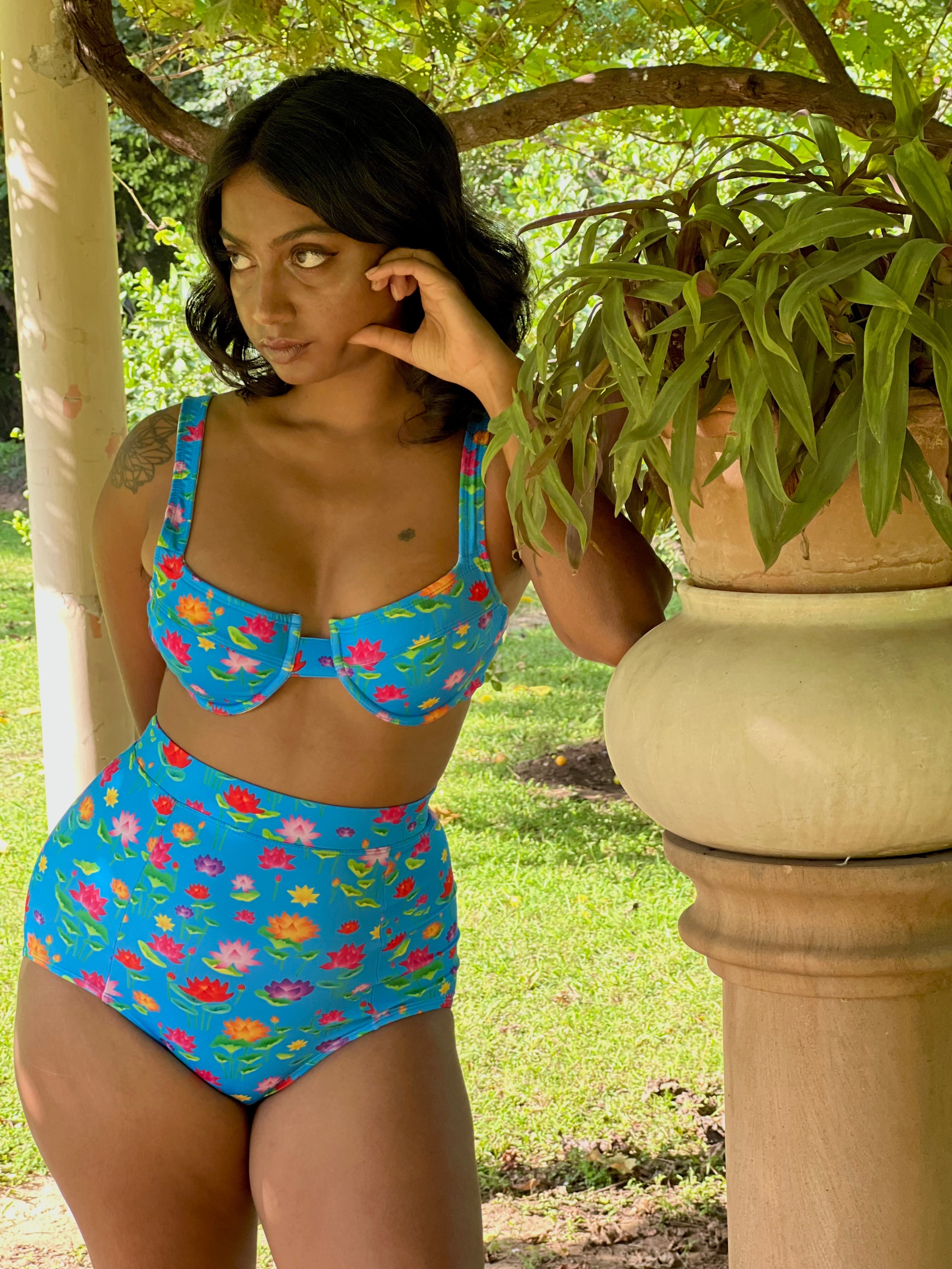 High Waist and High Coverage Bikini Bottom - Lotus Pond