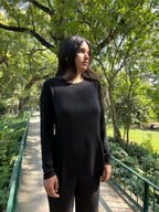 Black Plunge Back Top With Handcrafted Tie-Ups