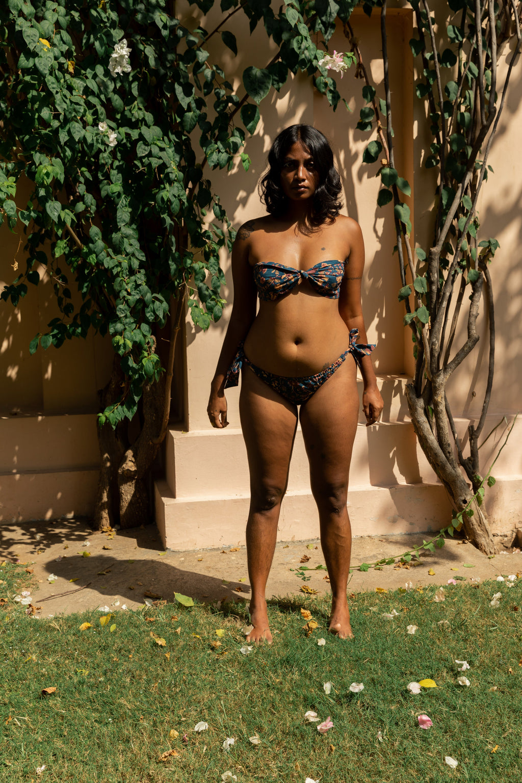 Sunbathing Hand Block Printed Cotton Bandeau Bikini Set - Moss