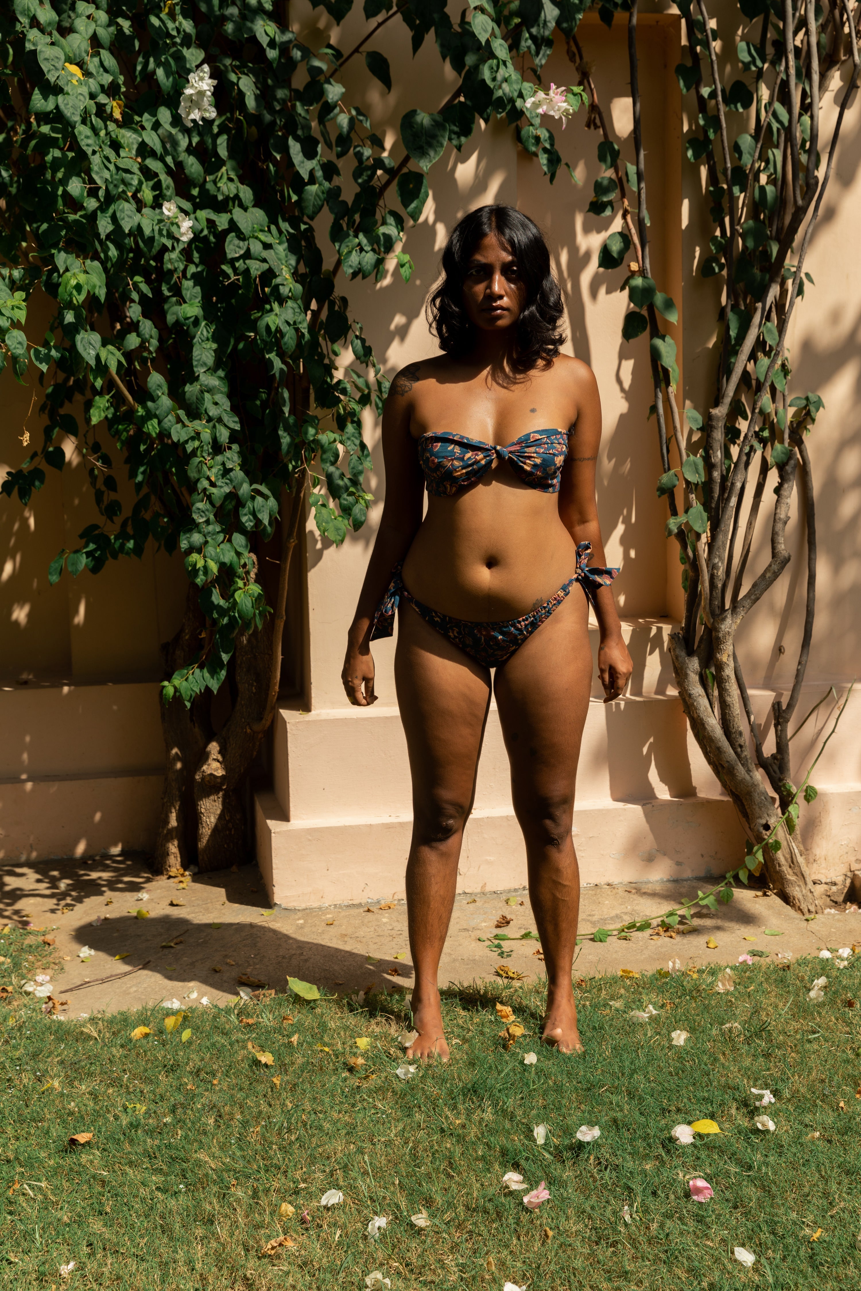 Sunbathing Hand Block Printed Cotton Bandeau Bikini Set - Moss