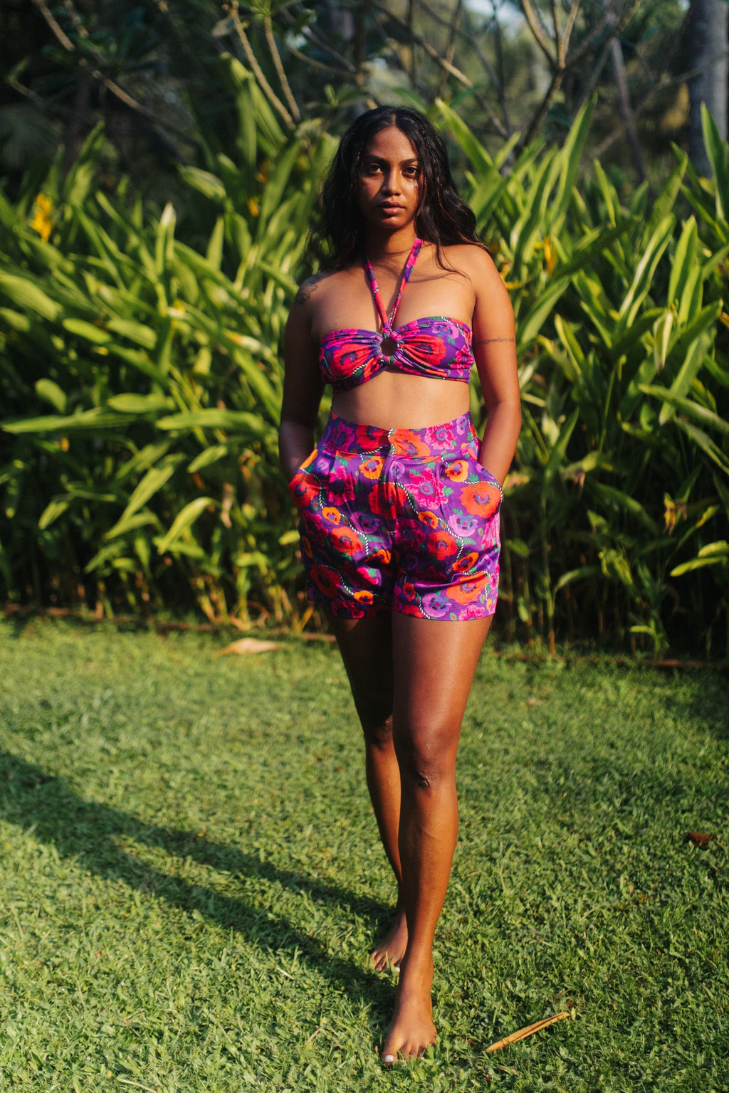 Oriental Poppy High Waist Shorts With Side Pockets