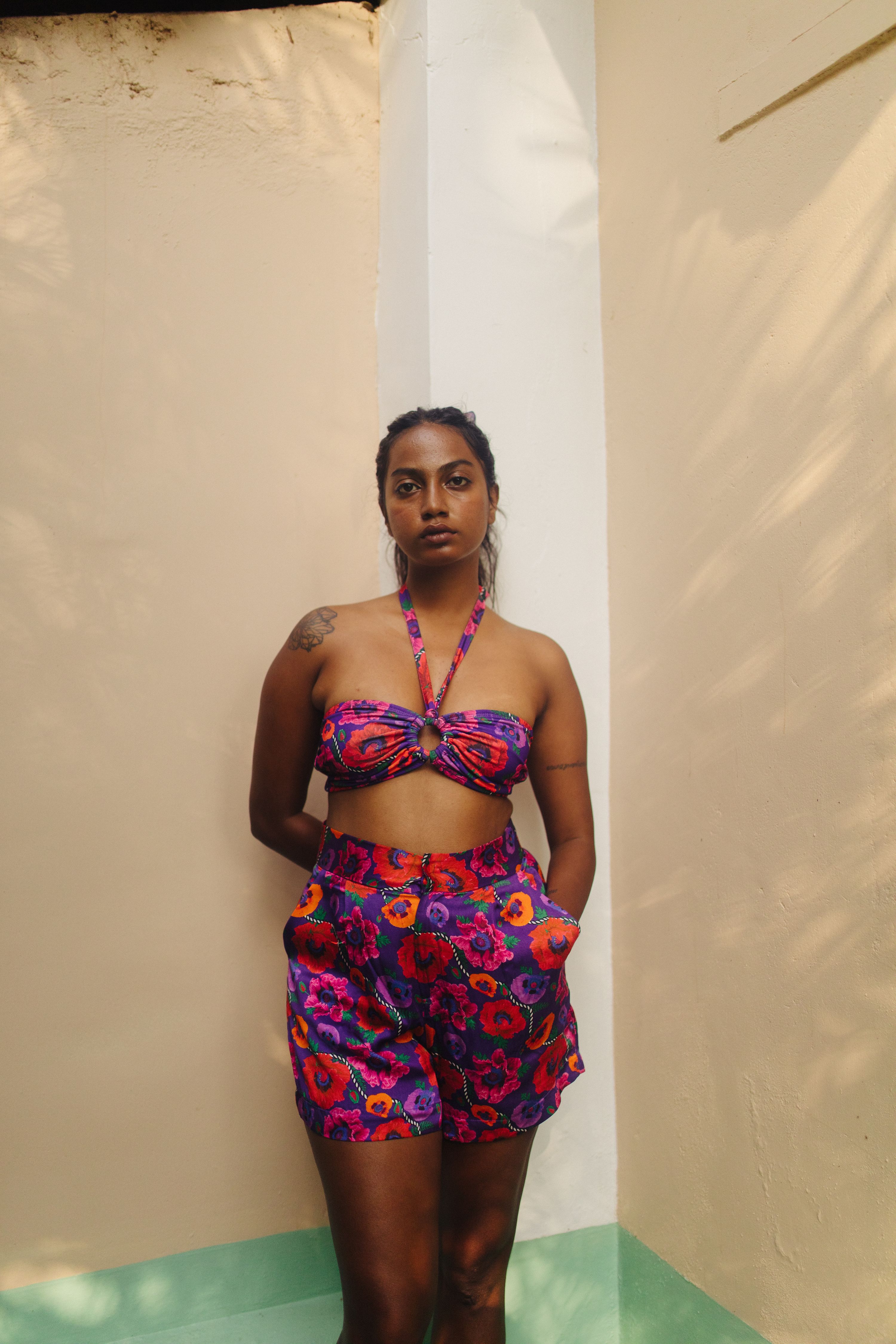 Oriental Poppy High Waist Shorts With Side Pockets