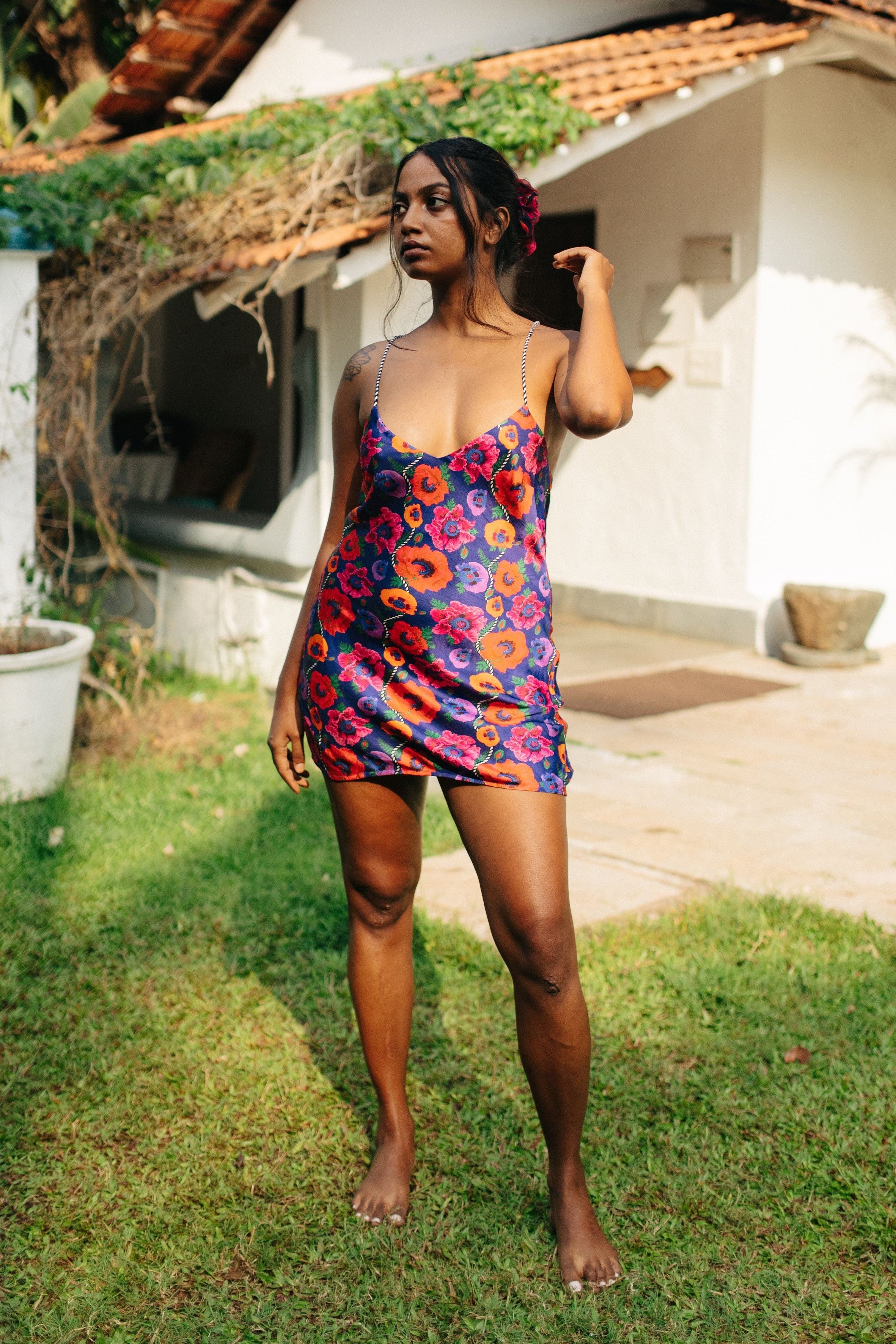 Oriental Poppy Short Slip Dress With Adjustable Handcrafted Straps