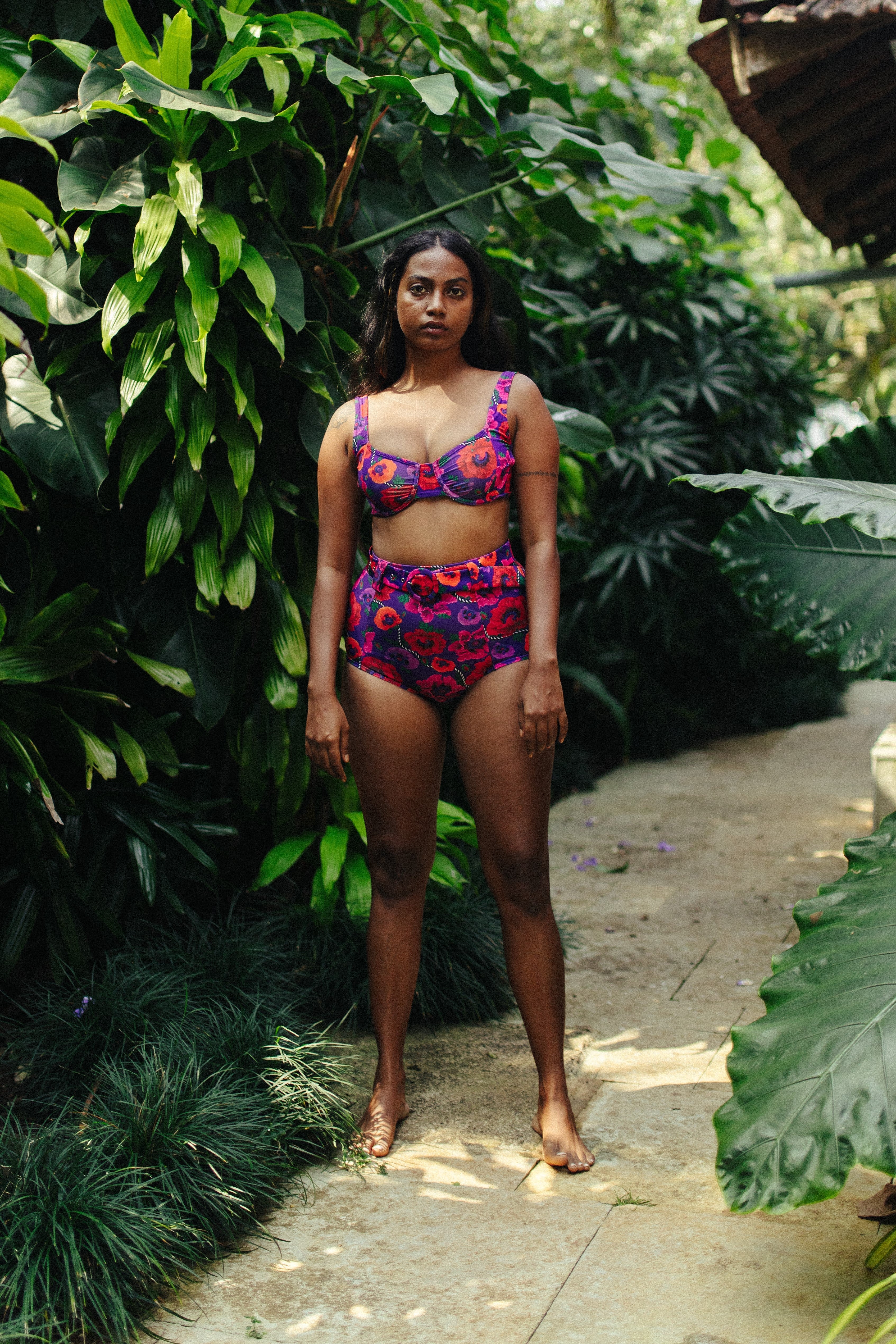 Oriental Poppy High Waist Belted Bikini Bottom