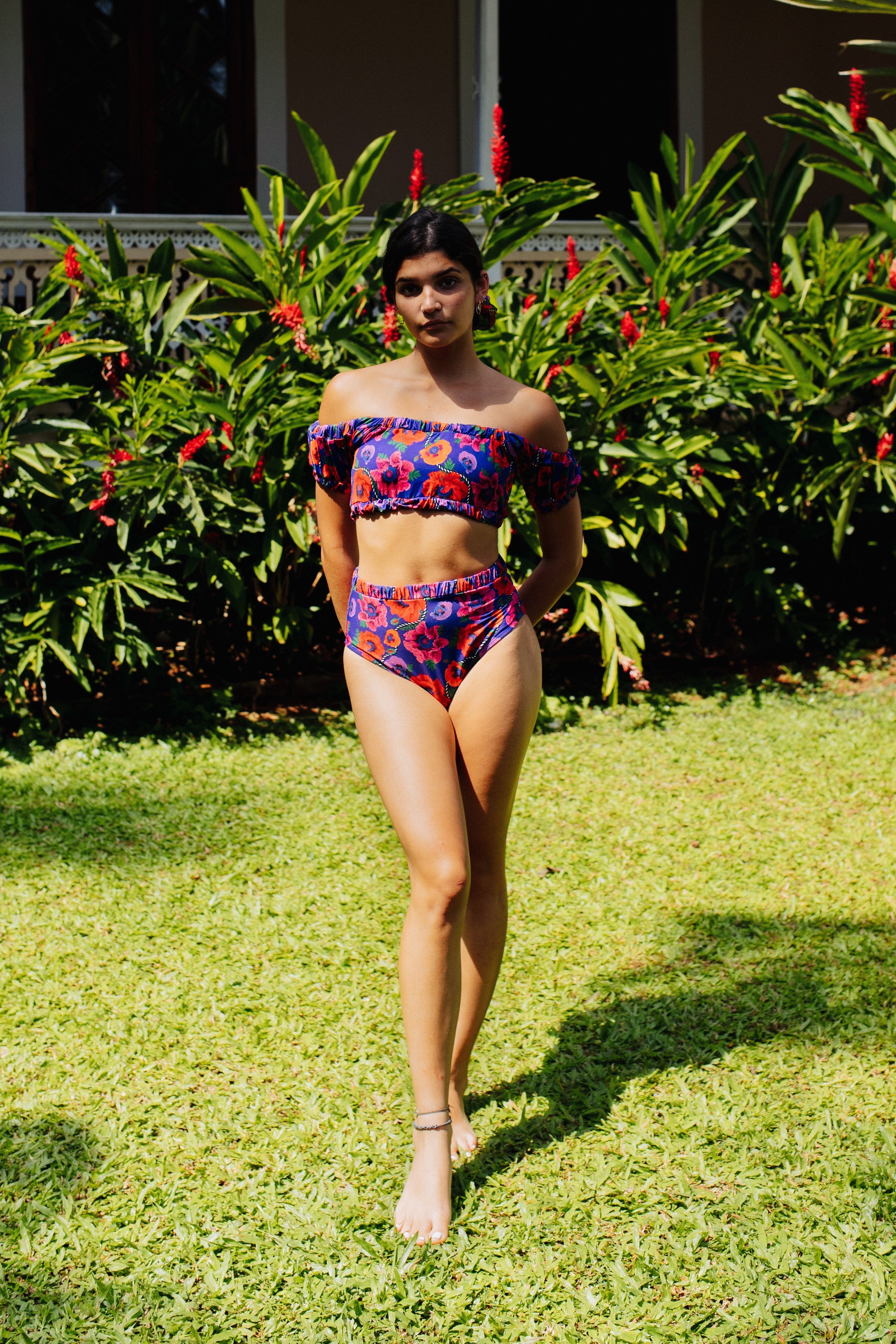 Oriental Poppy Ruche High Waist Bikini Bottom